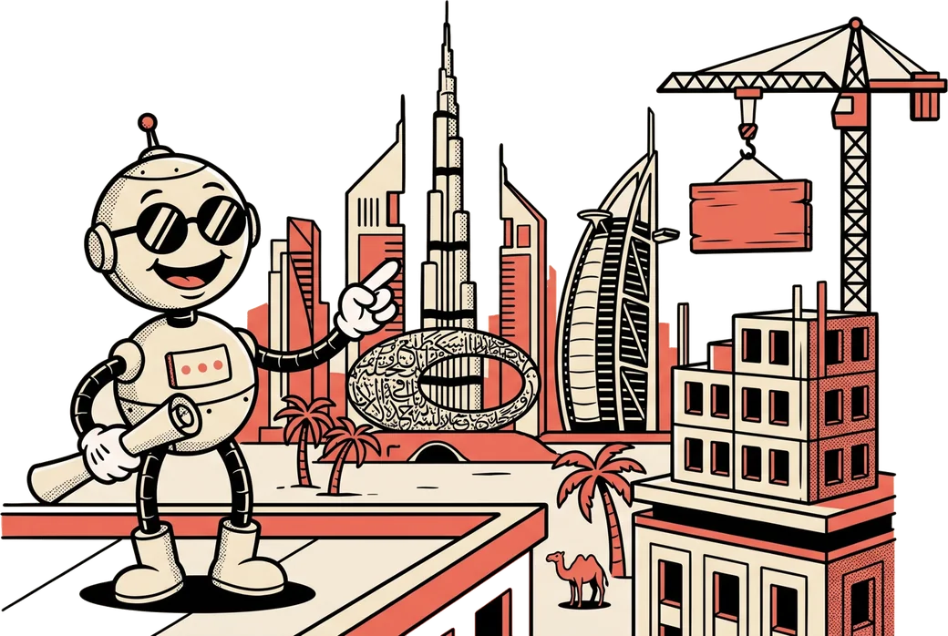 La mascotte robot su una terrazza di Dubai indica lo skyline con Burj Khalifa e una gru da cantiere